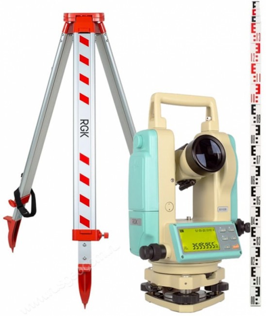 Комплект теодолит RGK T-02 с лазерным целеуказателем с поверкой штатив рейка - 3 в 1