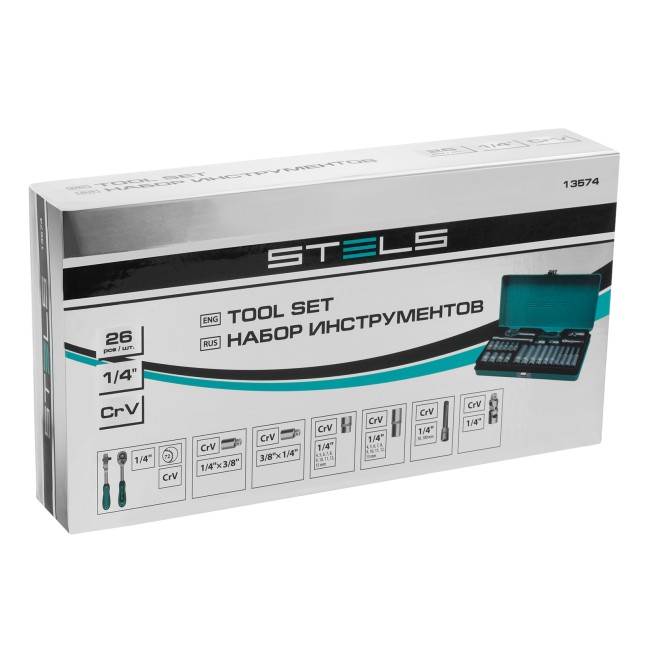 Набор торцевых головок с трещоткой 1/4" 26 предметов Stels