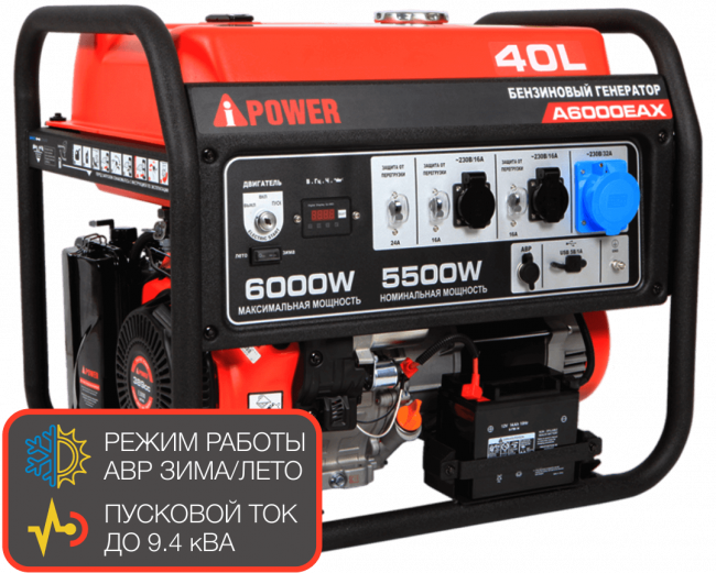 Бензиновый генератор A-iPower A6000EAX + блок автозапуска A-iPower 400 В, 25 А