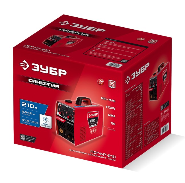 Полуавтомат сварочный, с газом / без газа ПСГ-М7-210 ЗУБР СИНЕРГИЯ, MIG / MAG, FCAW, MMA, TIG, 210 А