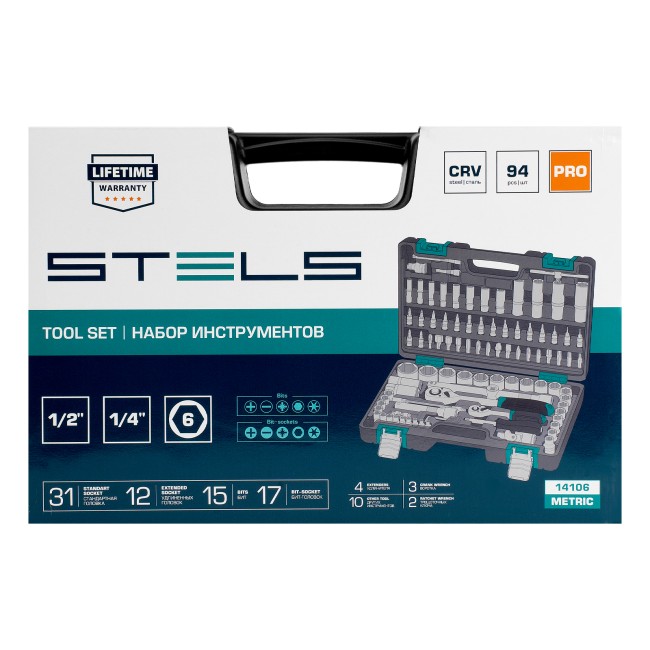 Набор инструментов 1/2", 1/4", CrV 94 предмета Stels